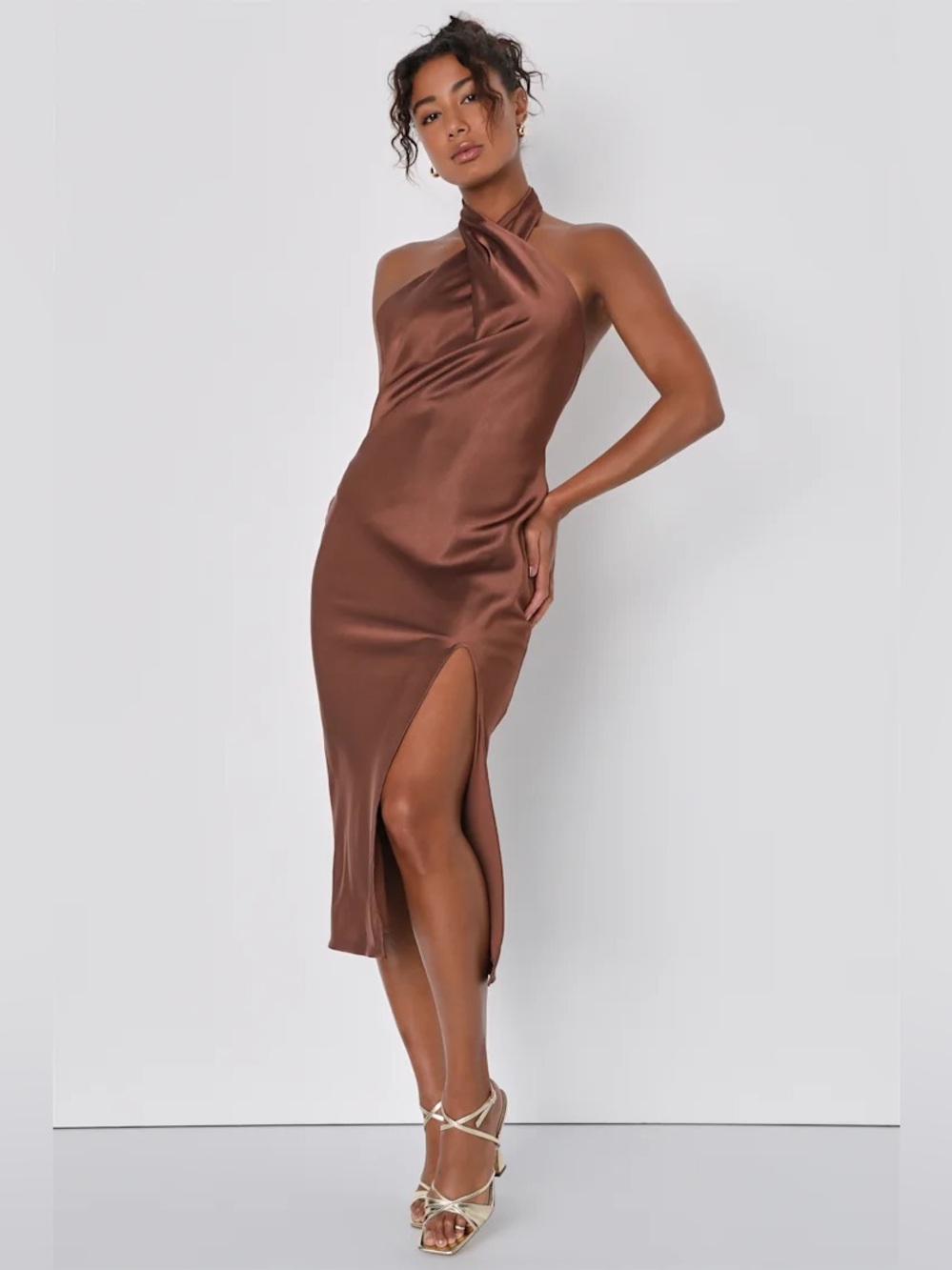 Brown Satin Halter Dress